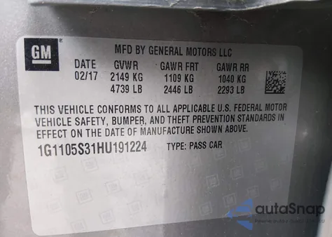 2017 Chevrolet Impala 1Lt z USA, uszkodzony, nr VIN 1G1105S31HU191224